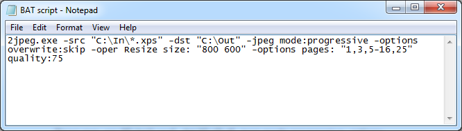 Batch file to set automated conversion of XPS files to JPG with different parameters