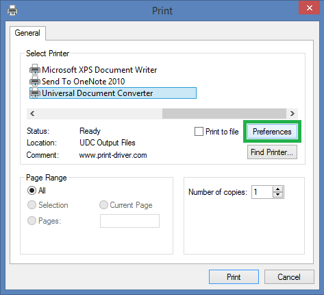 Select Universal Document Converter as a virtual printer