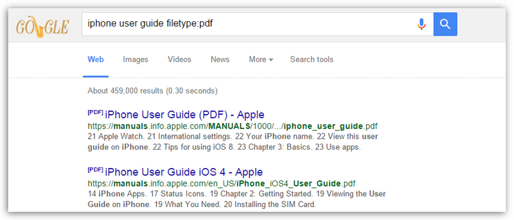 Searching for user guides in Google
