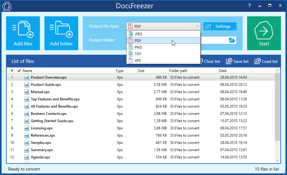 Convert multiple XPS files to PDF with DocuFreezer
