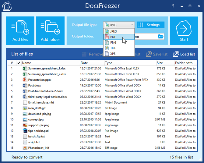 DocuFreezer creates PDF from several files added to the list