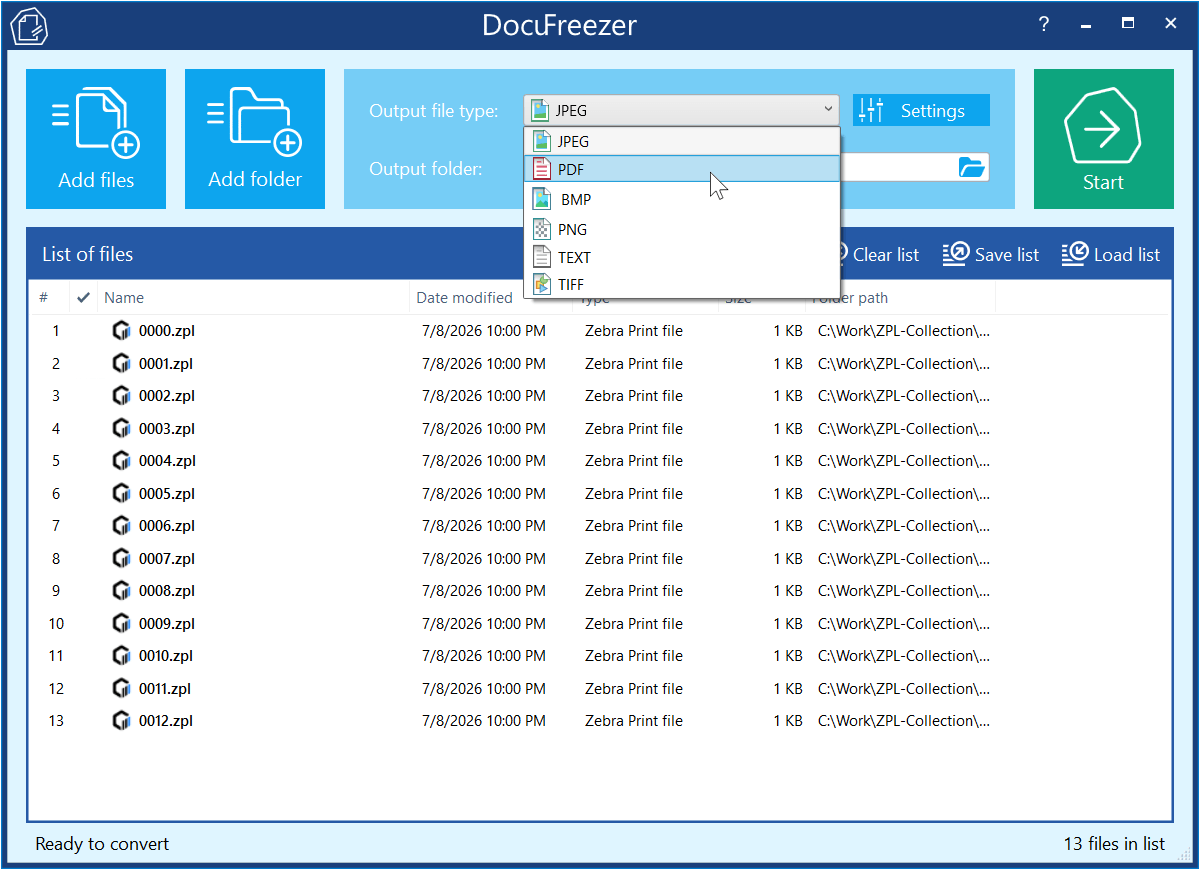 DocuFreezer conversion format selection