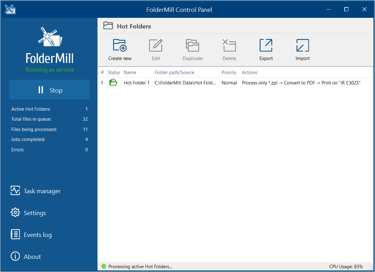 FolderMill Hot Folders and Actions interface