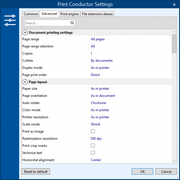 Print Conductor Advanced Settings control